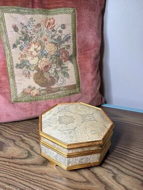 Vintage MCM Octagon Mirrored Brocade Jewelry Box - Gold Silver Threaded